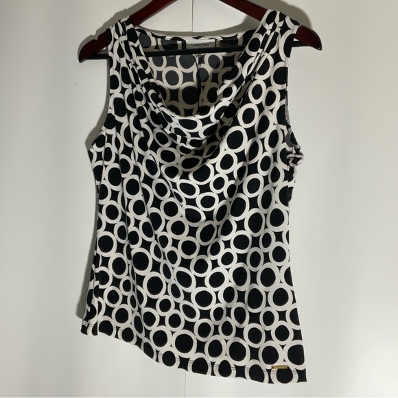 Calvin Klein NWT’s Sleeveless Draped Neckline Black White Polka Dot Blouse Sz M - Picture 5 of 15
